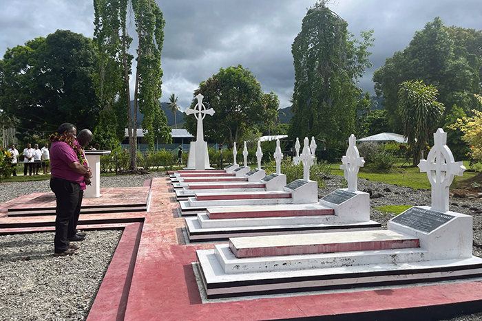 The Rt Revd Anthony Poggo, the Secretary General of the Anglican Communion and The Most Revd Leonard Dawea, Archbishop of The Anglican Church of Melanesia visit the graves of the seven martyred members of the Melanesian Brotherhood.